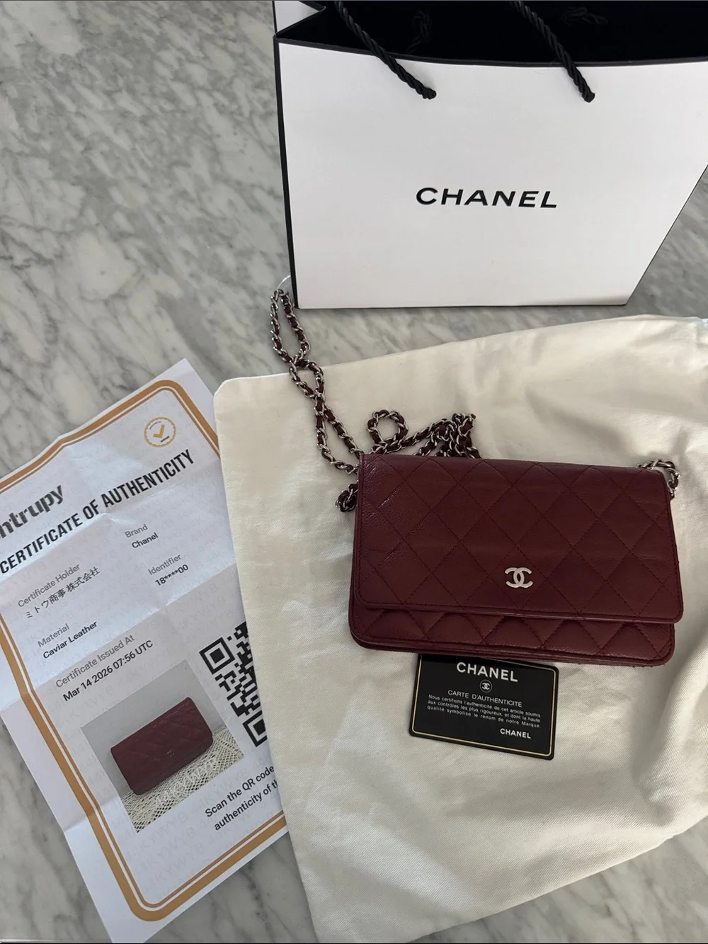 Chanel Burgundy Quilted Caviar Wallet on Chain. Burgundy. Pebbled leather.